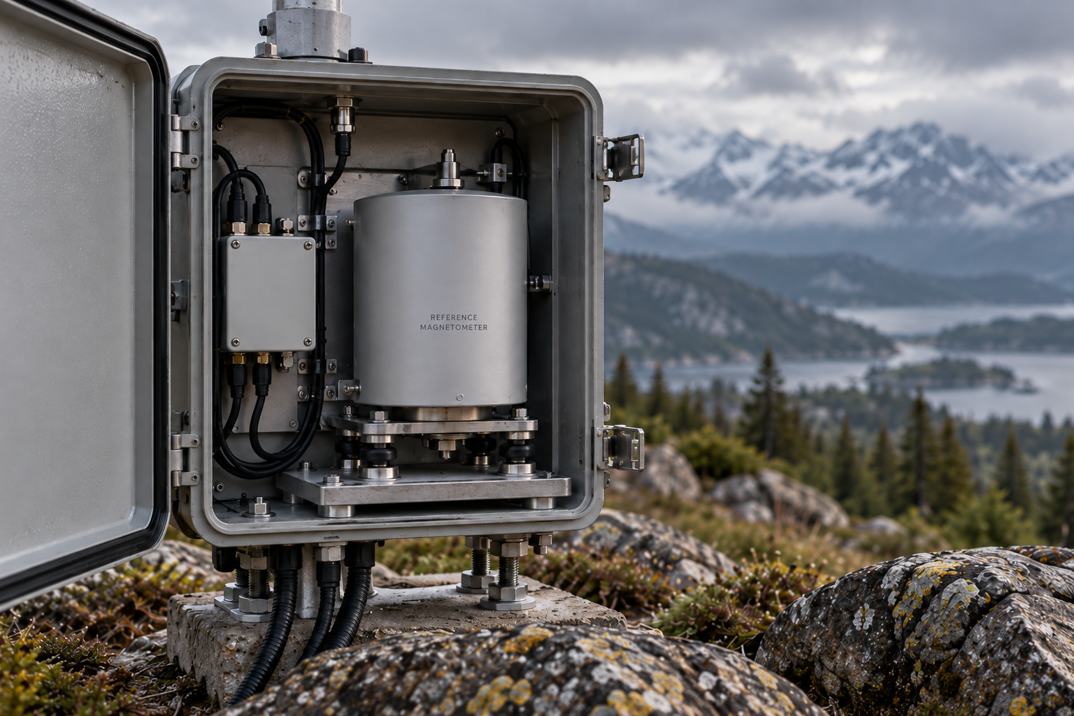 Arkweather reference magnetometer inside a weatherproof field enclosure at a mountain site